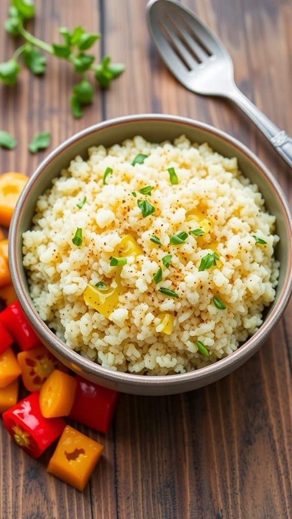 Fluffy cooked quinoa in a bowl with herbs and vegetables on a rustic table.